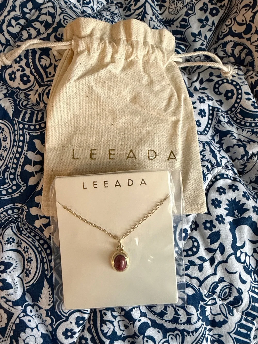 Leeada Millie Gold Necklace with Deep Red Stone Pendant 18-20” NEW in package